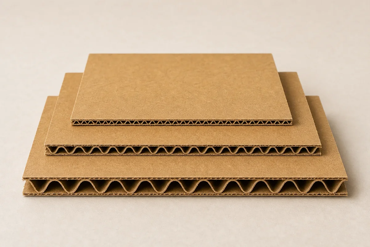 Ba tấm giấy carton sóng E, B và C xếp chồng với biên dạng từ mảnh đến lớn