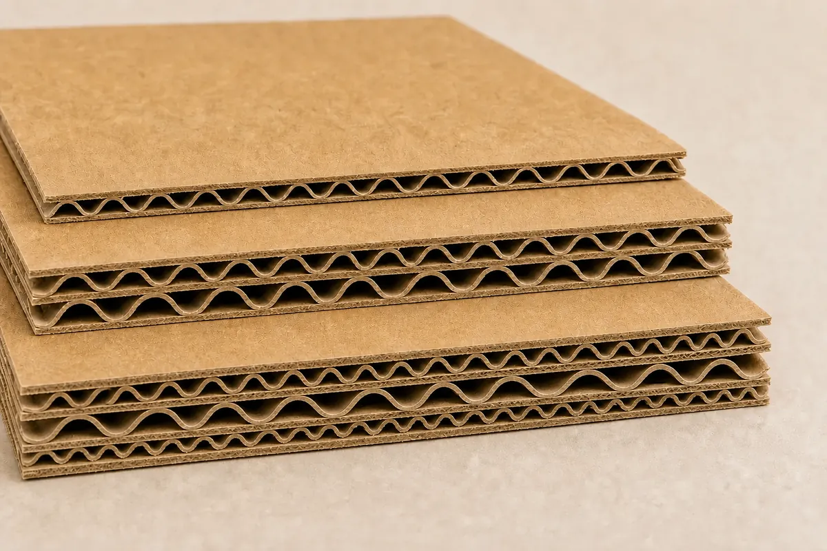 Ba tấm carton 3 lớp, 5 lớp sóng B-C và 7 lớp sóng B-C-E xếp chồng với các lớp sóng lệch pha