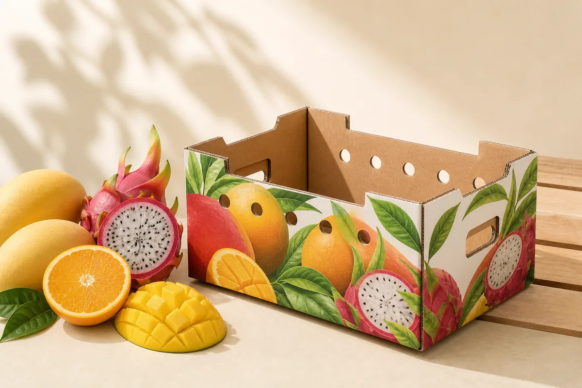 Thùng carton trái cây in màu có bề mặt cán màng, lỗ thoáng và tay xách